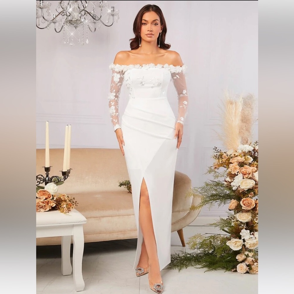 SHEIN Belle Off Shoulder Appliques Mesh Sleeve Split Thigh Wedding Dress